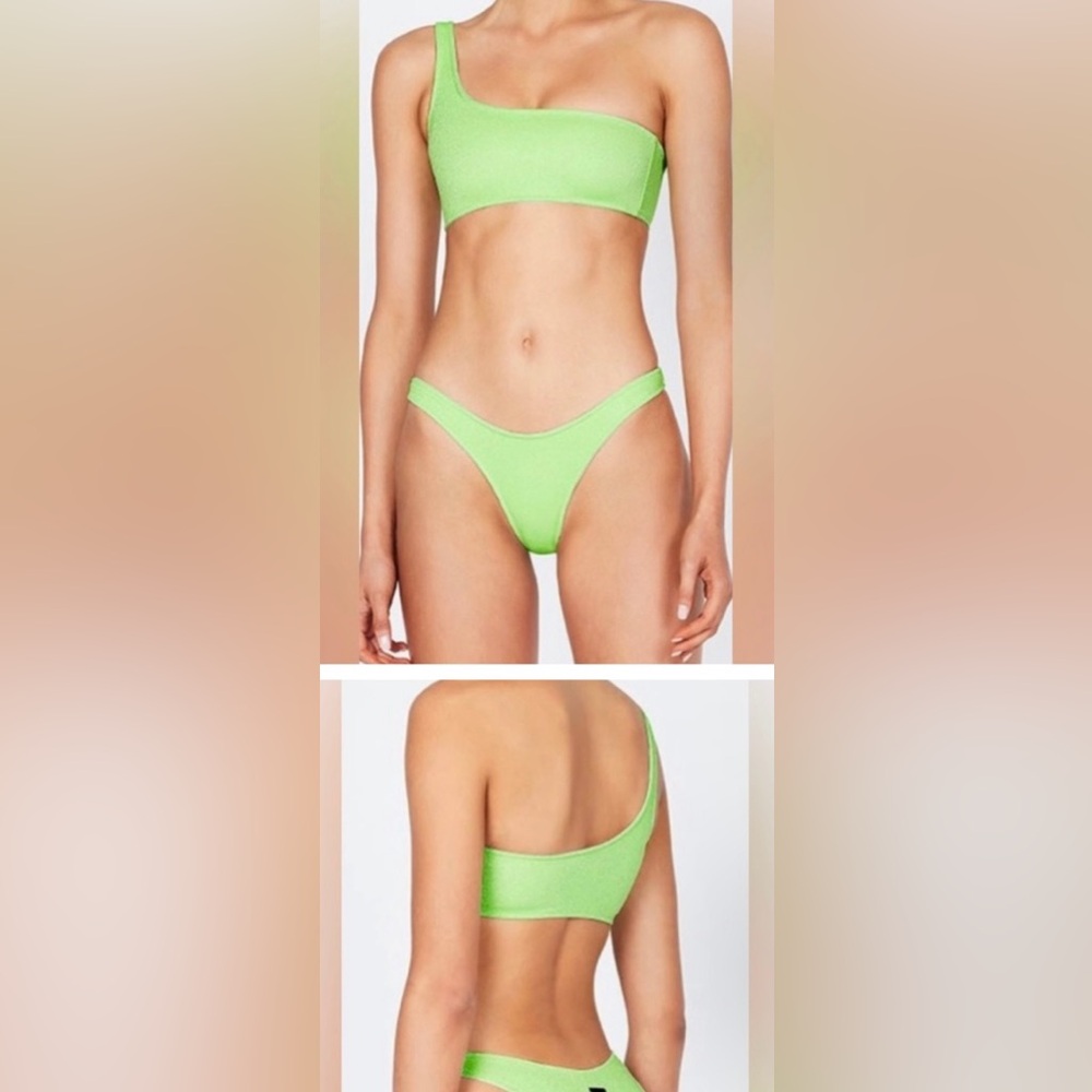 triangl line green metallic shimmer asymmetrical bikini. Size medium